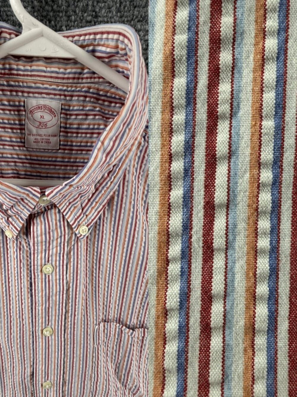 Brooks Brothers Seersucker Blue Red Short Sleeve XL Button-Down Cotton Striped